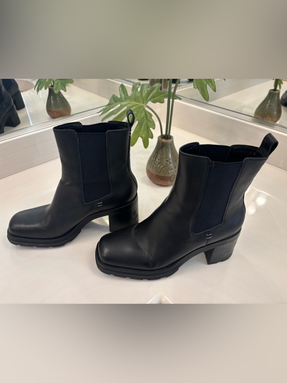 Crown Vintage Black Leather Chelsea Block-Heel Booties